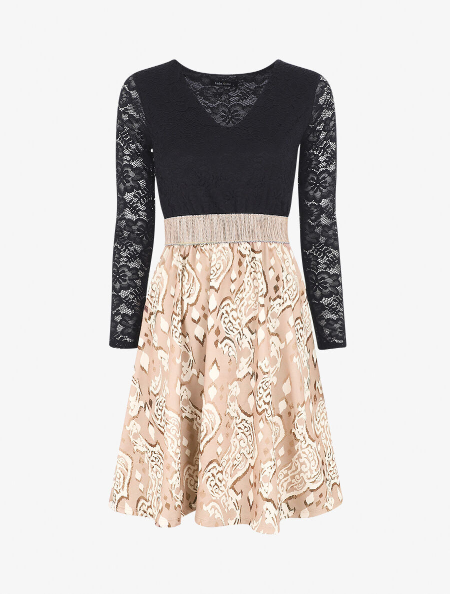 Robe à imprimé graphique et dentelle - Beige - 1