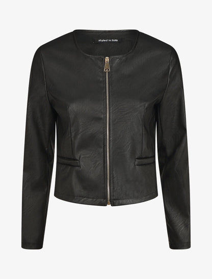 Veste droite zippée en simili - Noir - 1