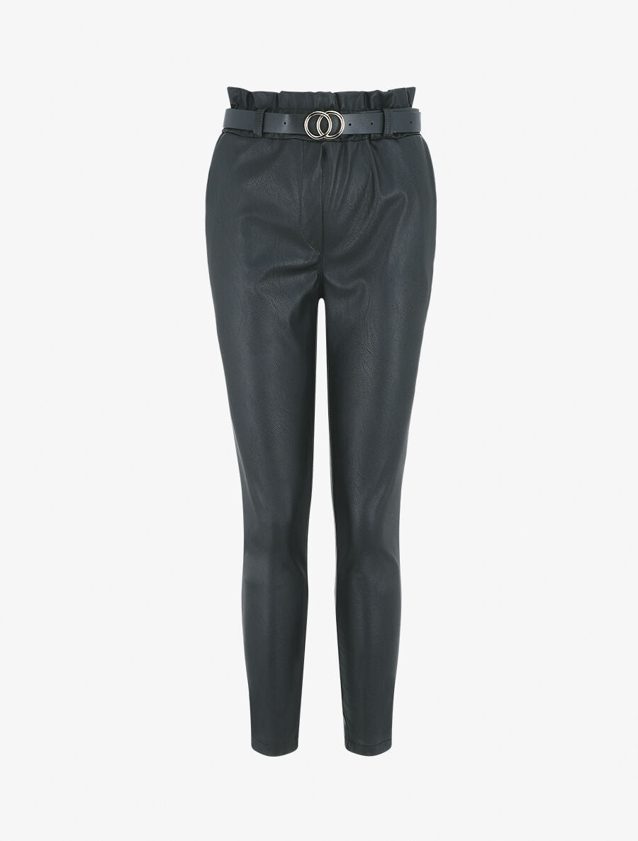 Pantalon uni en simili - Noir - 6