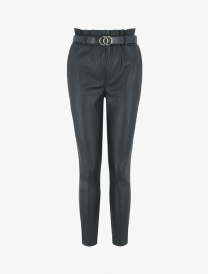 Pantalon uni en simili - Noir - 6