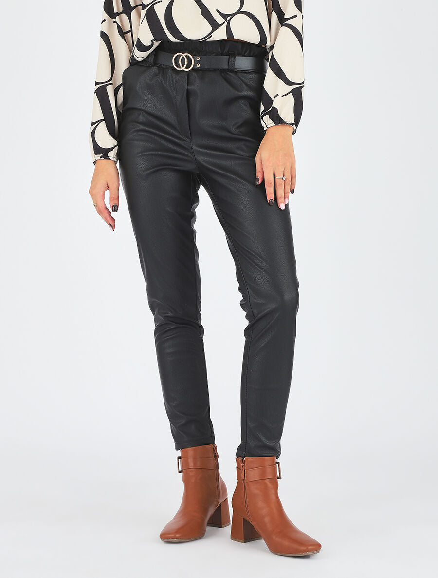 Pantalon uni en simili - Noir - 4