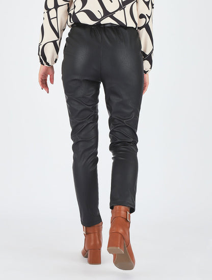 Pantalon uni en simili - Noir - 5