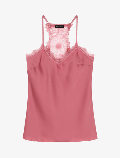 Caraco satiné à dos nageur en dentelle stylisée - Vieux rose - 4