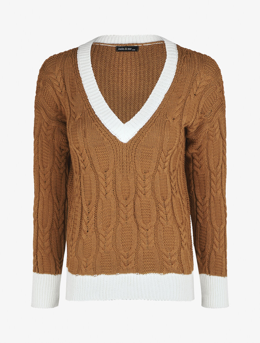 Pull droit col V en maille tressée - Camel - 4