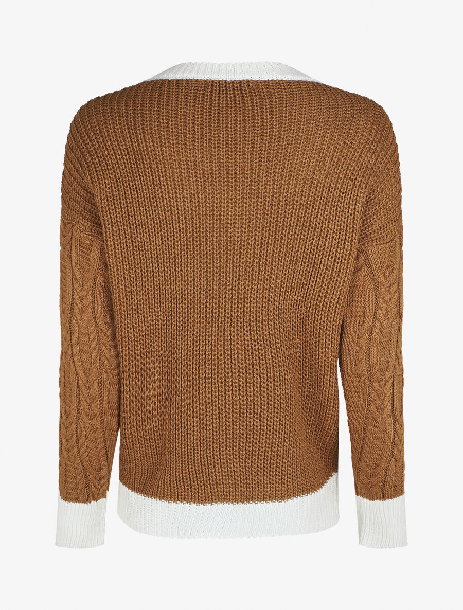 Pull droit col V en maille tressée - Camel - 2