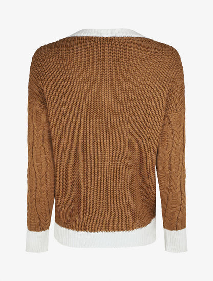 Pull droit col V en maille tressée - Camel - 2