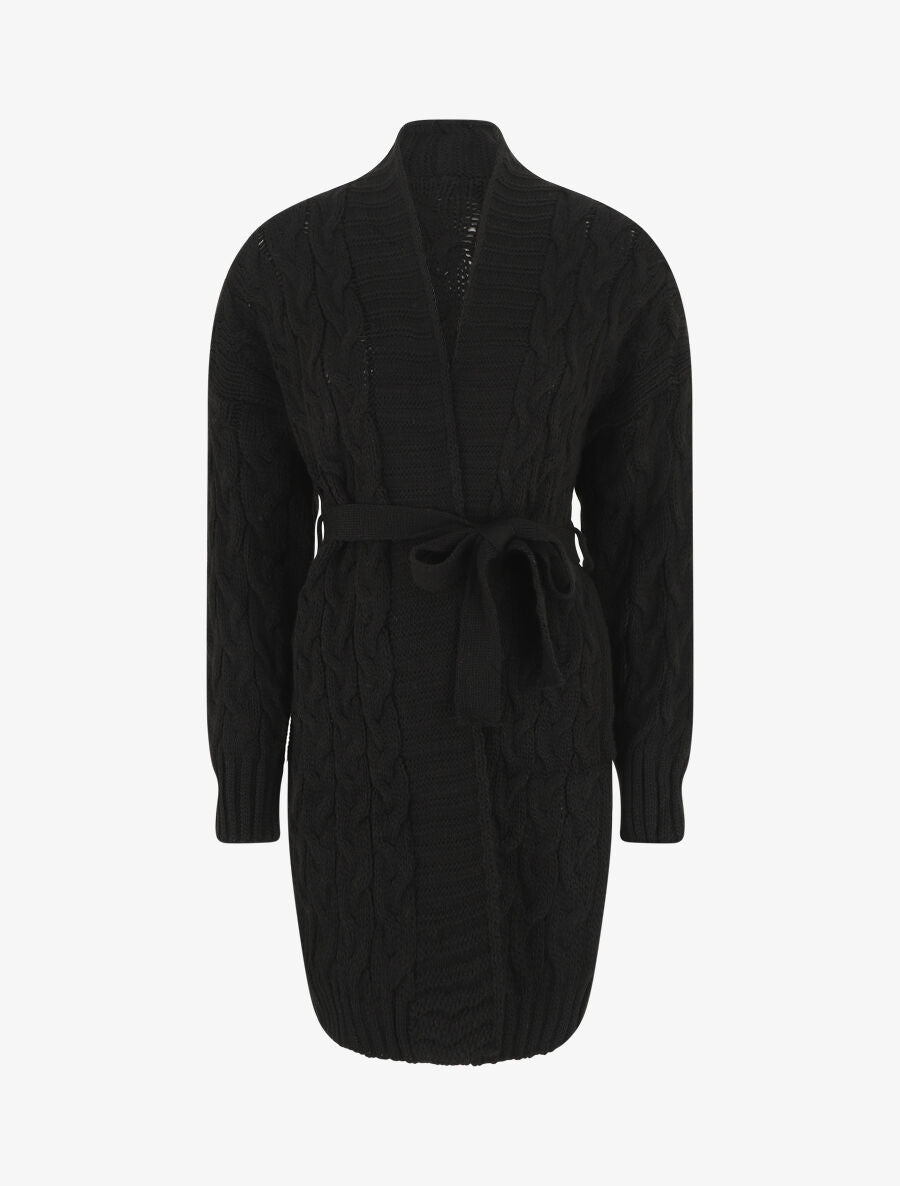 Gilet long uni en maille tressée - Noir - 4