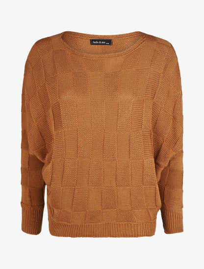 Pull droit col bateau en maille style damier - Camel - 1