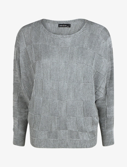 Pull droit col bateau en maille style damier - Gris - 6