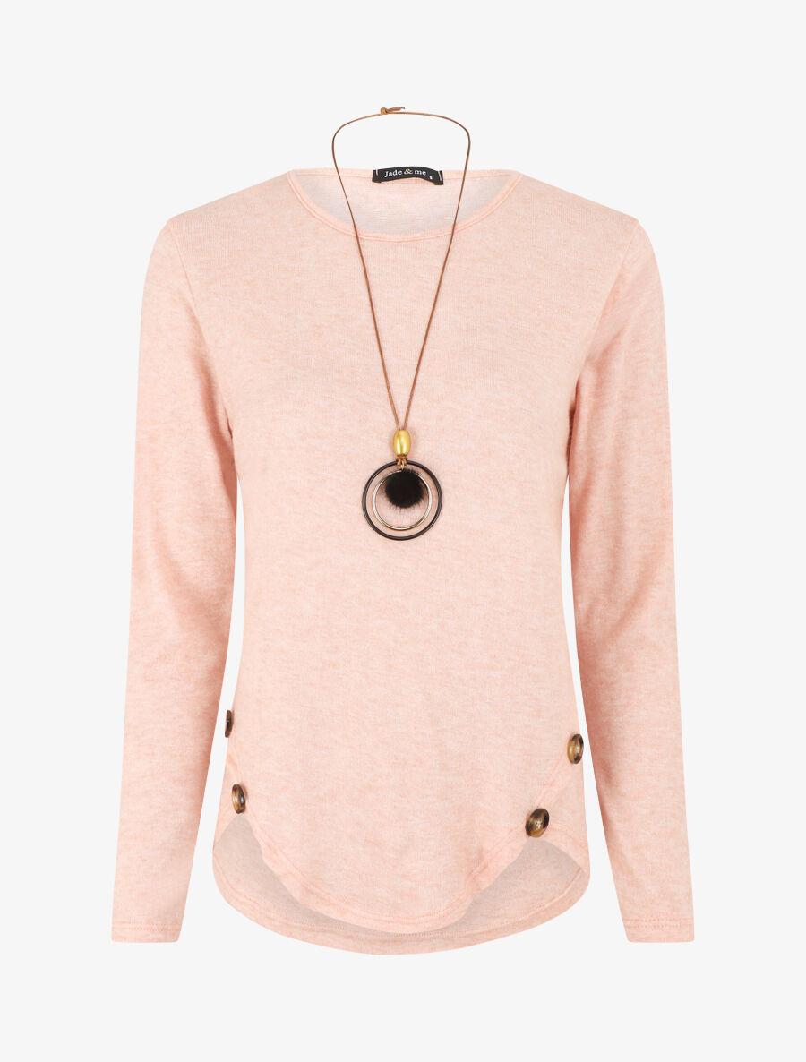 Pull fin uni à boutons décoratifs - Rose - 1