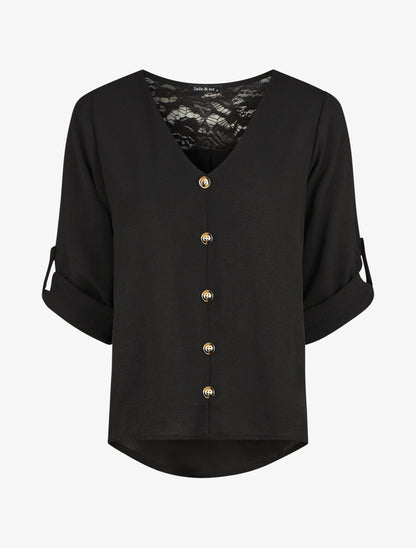 Top droit col V boutonné et dentelle - Noir - 1