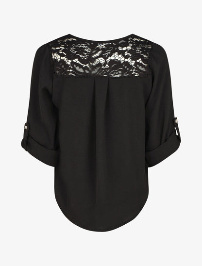 Top droit col V boutonné et dentelle - Noir - 2