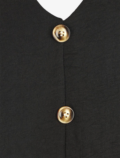 Top droit col V boutonné et dentelle - Noir - 3