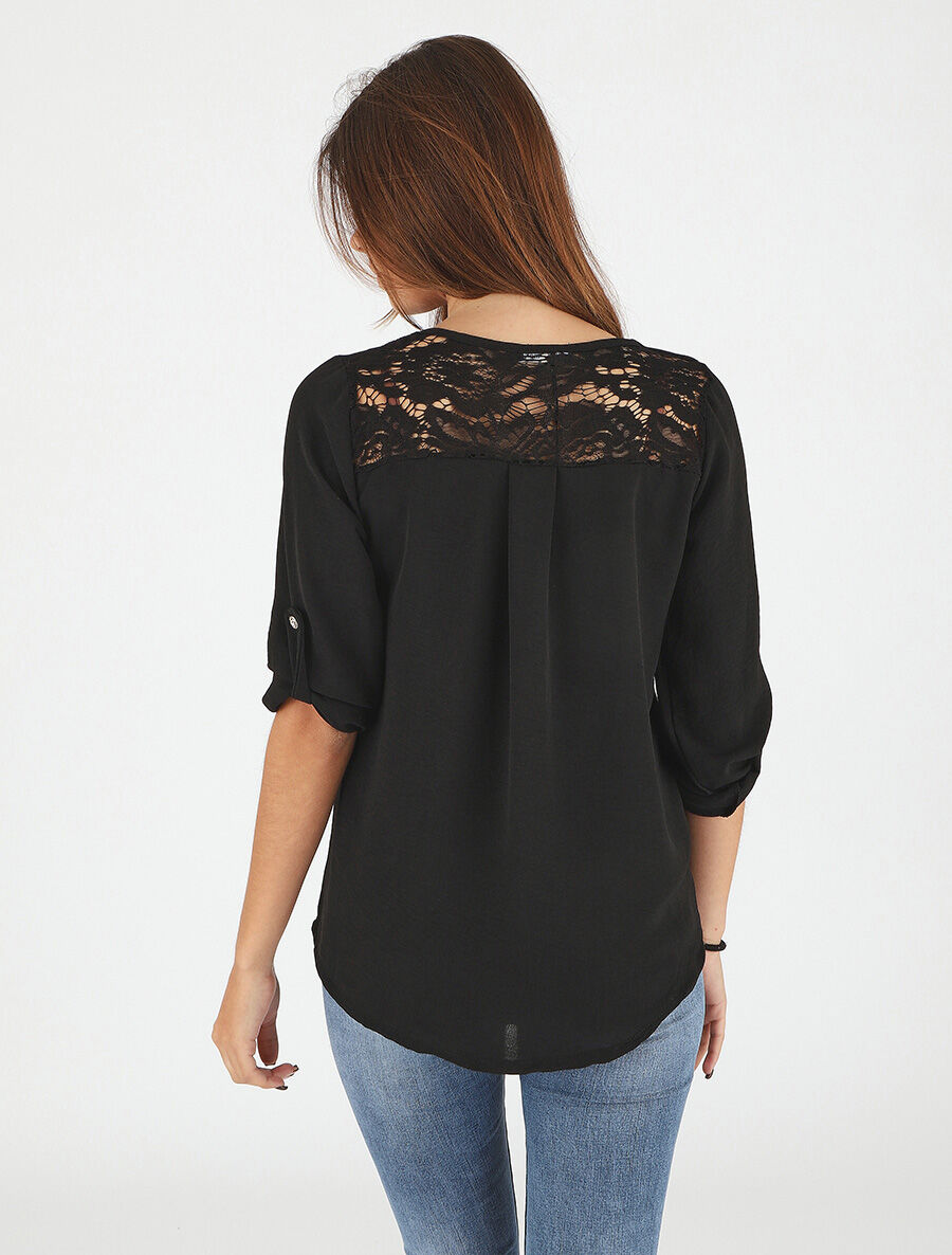 Top droit col V boutonné et dentelle - Noir - 5