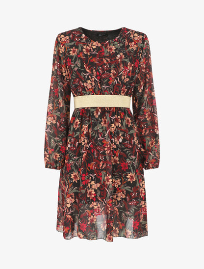 Robe imprimé fleuri à bande dorée - Noir - 1
