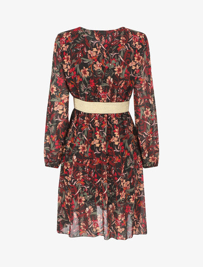 Robe imprimé fleuri à bande dorée - Noir - 2