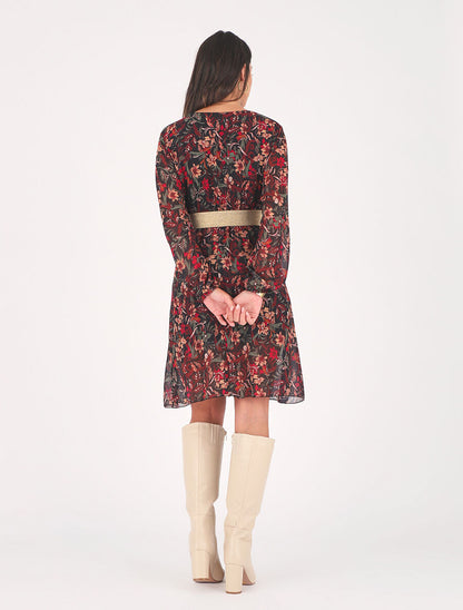 Robe imprimé fleuri à bande dorée - Noir - 5
