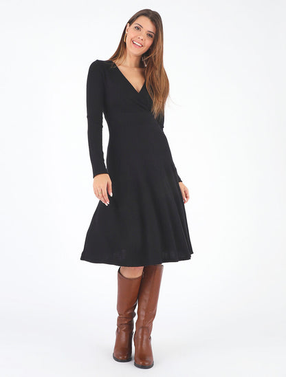 Robe midi évasée manches longues - Noir - 4