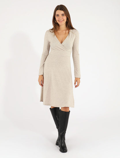 Robe midi évasée manches longues - Beige - 4