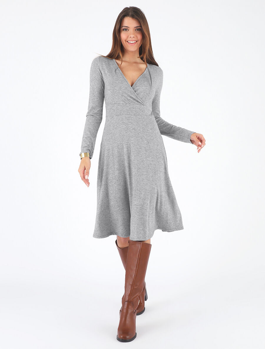 Robe midi évasée manches longues - Gris - 4