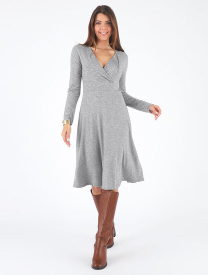 Robe midi évasée manches longues - Gris - 4