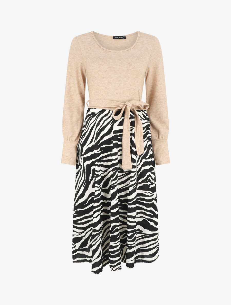 Robe mi-longue évasée imprimé zèbre - Beige foncé - 1