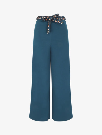 Pantalon ample taille haute uni - Bleu canard - 1
