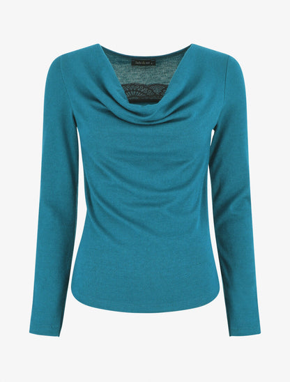 Pull ajusté manche longues col bénitier - Bleu canard - 1