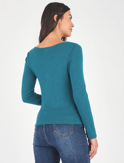 Pull ajusté manche longues col bénitier - Bleu canard - 5