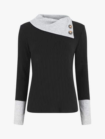 Pull côtelé droit col asymétrique - Noir/gris - 1