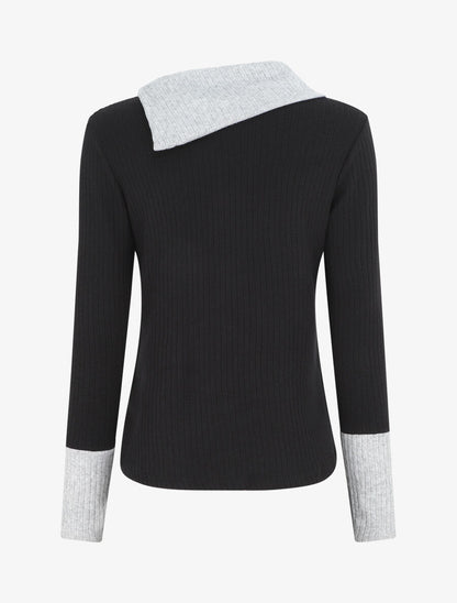 Pull côtelé droit col asymétrique - Noir/gris - 2