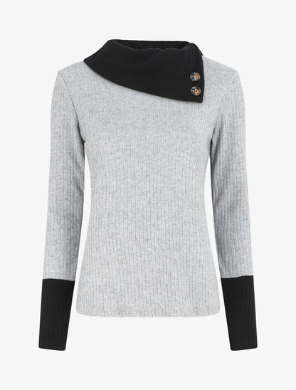 Pull côtelé droit col asymétrique - Gris/noir - 4