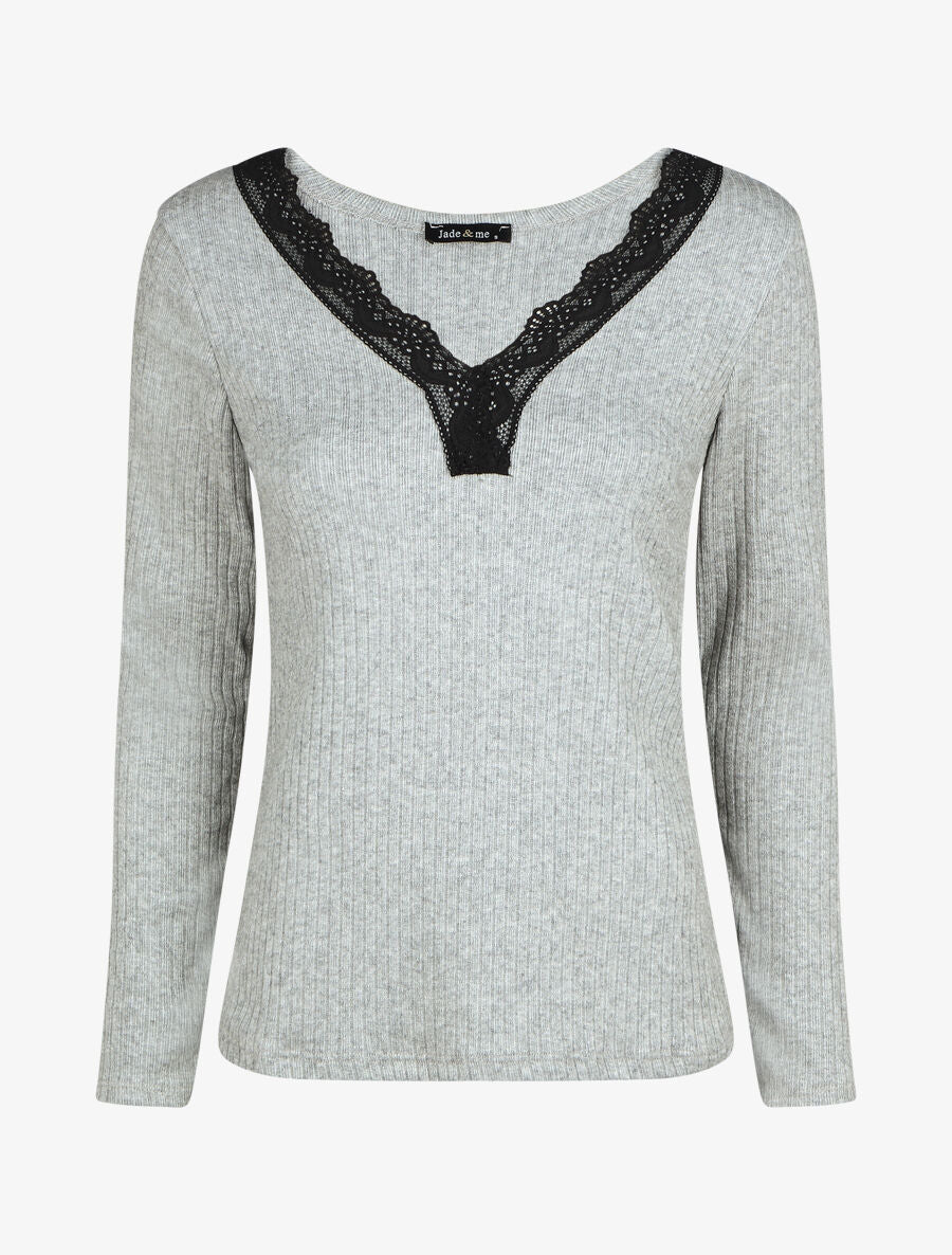 Pull fin côtelé et col V en dentelle - Gris - 1