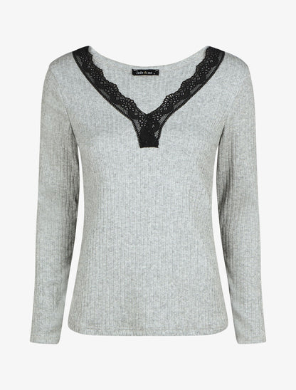 Pull fin côtelé et col V en dentelle - Gris - 1