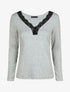 Pull fin côtelé et col V en dentelle - Gris - 1
