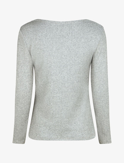 Pull fin côtelé et col V en dentelle - Gris - 2