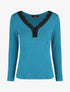 Pull fin côtelé et col V en dentelle - Bleu canard - 1