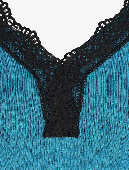 Pull fin côtelé et col V en dentelle - Bleu canard - 3