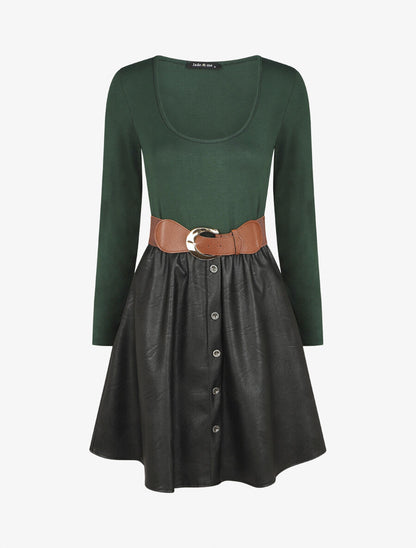 Robe bi-matière courte évasée simili - Vert foncé - 1