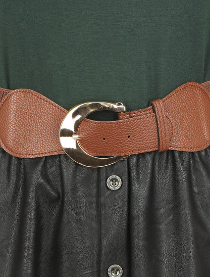 Robe bi-matière courte évasée simili - Vert foncé - 3