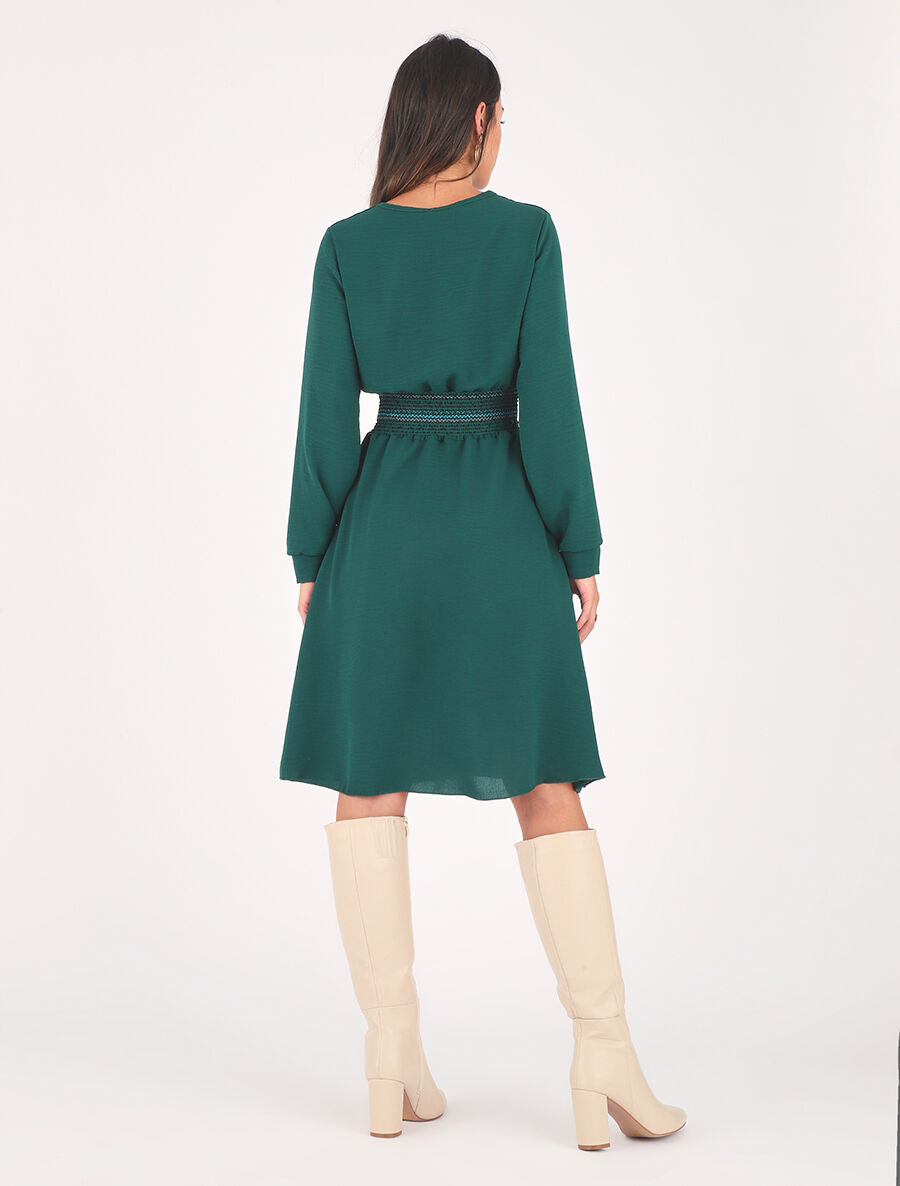 Robe unie à bande élastiquée - Vert sapin - 5