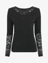 Pull droit uni col et manches en dentelle - Noir - 1