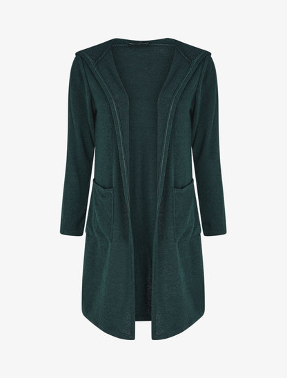 Gilet long en maille à capuche - Vert foncé - 1
