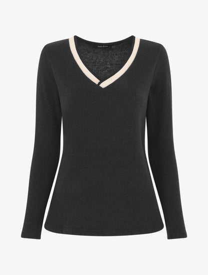 Pull droit uni col V contrastant - Noir - 1