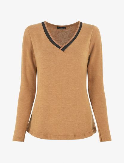 Pull droit uni col V contrastant - Camel - 4