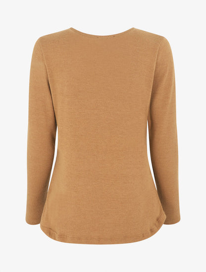 Pull droit uni col V contrastant - Camel - 2