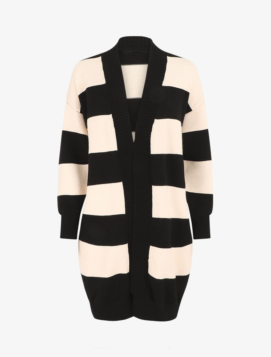 Gilet long rayé coupe droite - Noir - 1