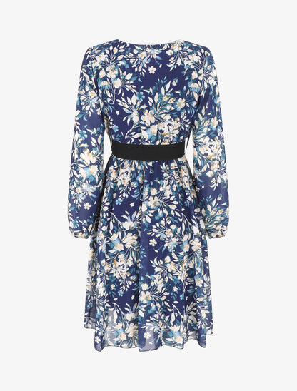 Robe mi-longue évasée motif floral - Marine - 2
