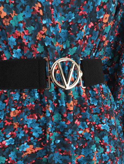 Robe mi-longue évasée imprimé fleuri - Bleu canard - 3