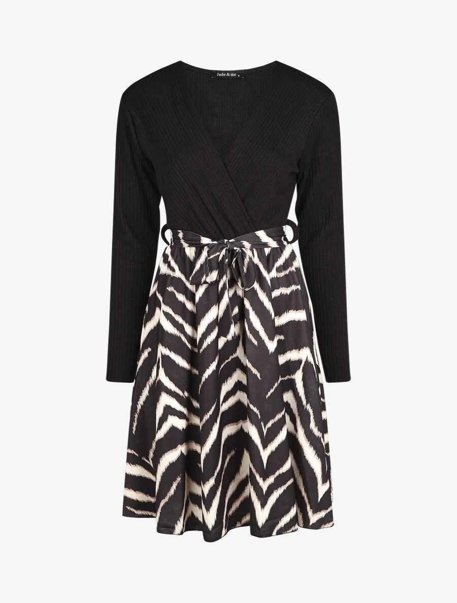 Robe fluide bi-matière imprimé graphique - Noir - 6